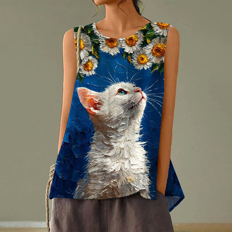 Cute Cat Looking Up Under The Sunflower Tank Top