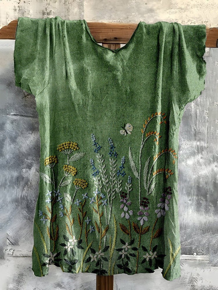 Vintage Embroidered Fresh Floral Cotton T-shirt