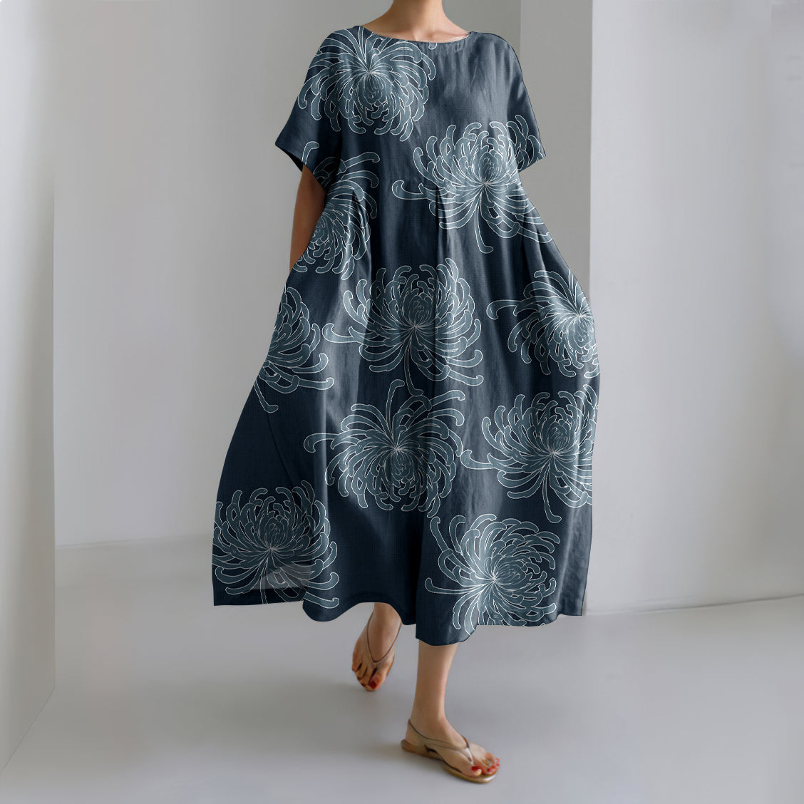 Vintage Japanese Art Chrysanthemum Print Round Neck Short Sleeve Midi Dress
