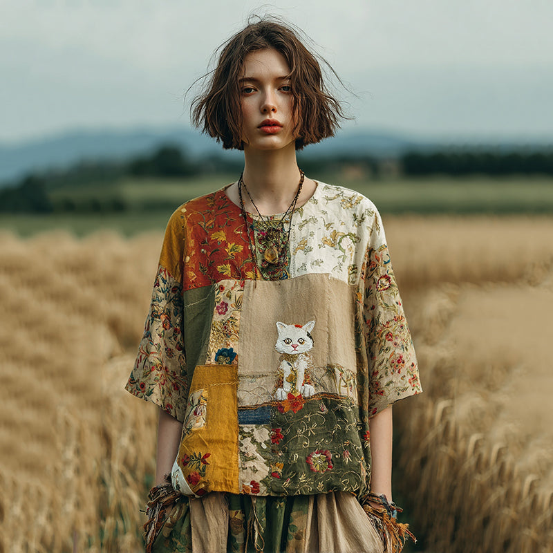 Vintage Japanese Cute Cat Floral Linen Patchwork T-shirt