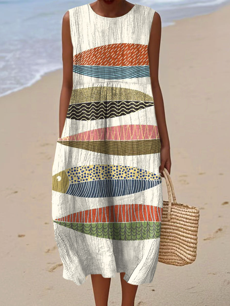 Women's Vintage Fish Art Print Sleeveless Cotton Pocket Wrap Dress