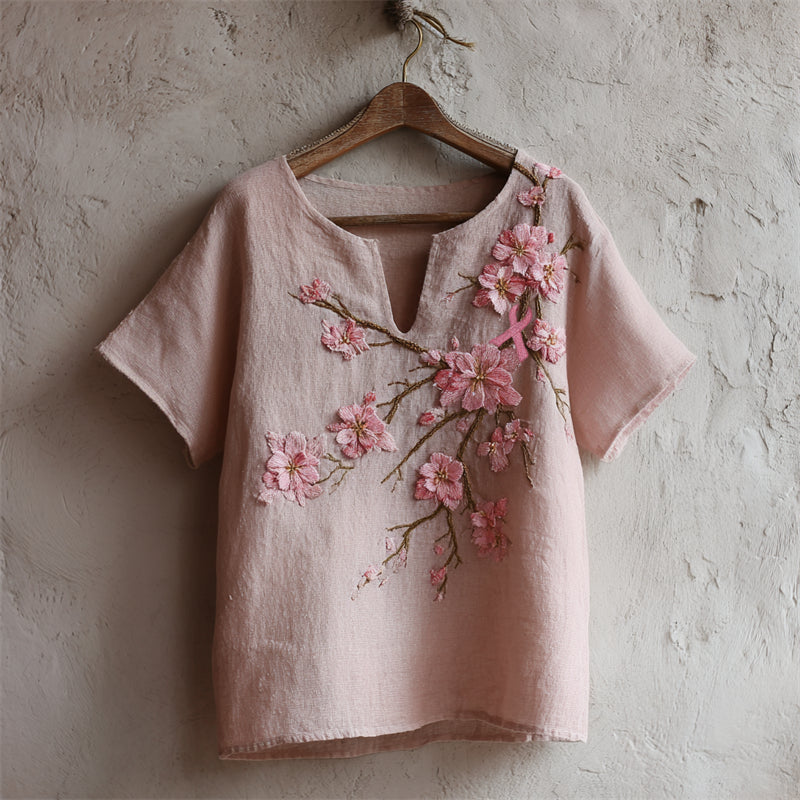 Pink Ribbon Japanese Cherry Blossom Embroidered Linen Tunic