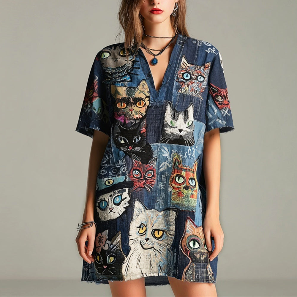 Shabby Patchwork Cowboy Cats Pattern Women's Linen Short Sleeve V-neck Mini Dress