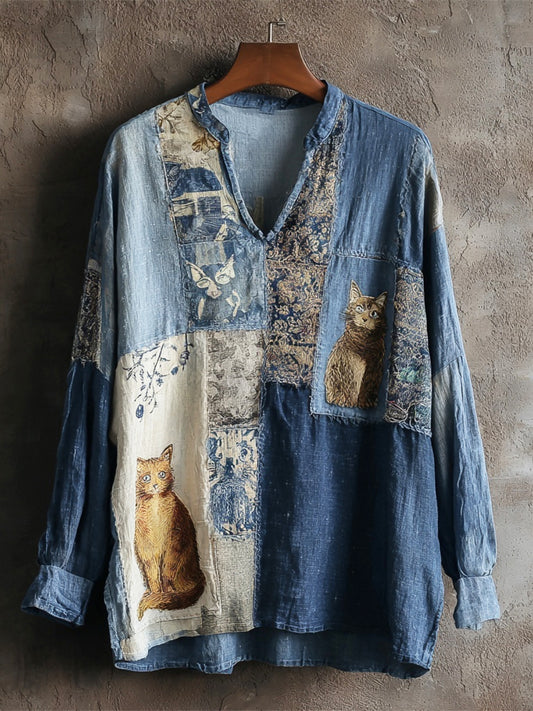 Vintage Shabby Patchwork Cat Women's V-neck Shirt