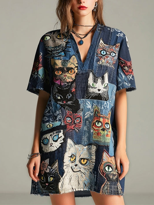 Shabby Patchwork Cowboy Cats Pattern Women's Linen Short Sleeve V-neck Mini Dress