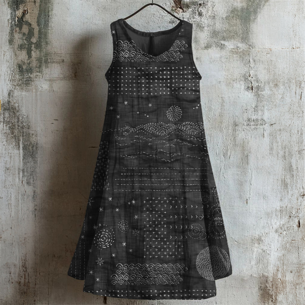 Vintage Japanese Sashiko Art Linen Linen Midi Dress