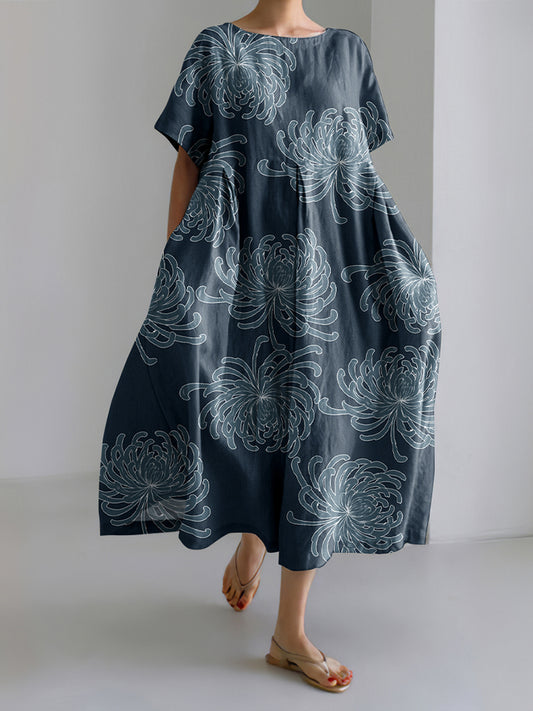 Vintage Japanese Art Chrysanthemum Print Round Neck Short Sleeve Midi Dress