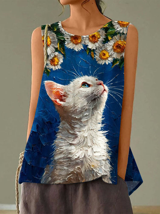 Cute Cat Looking Up Under The Sunflower Tank Top