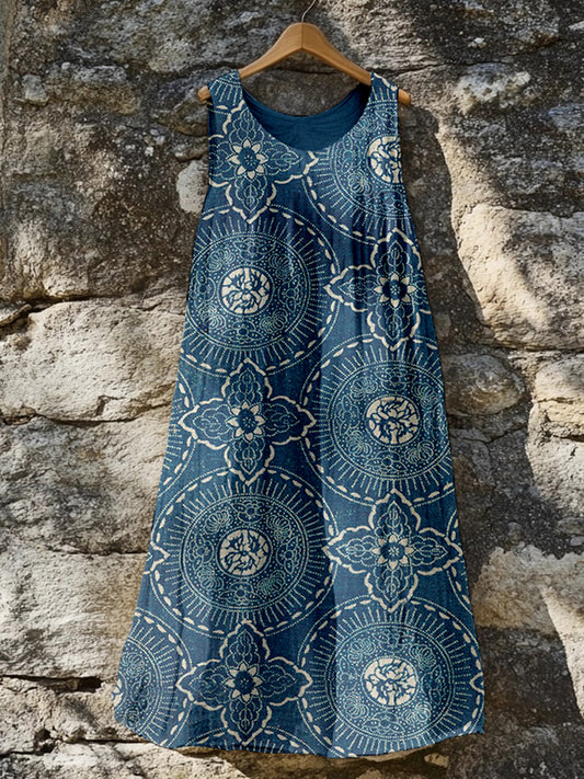 Vintage Ethnic Pattern Crew Neck Linen Midi Dress