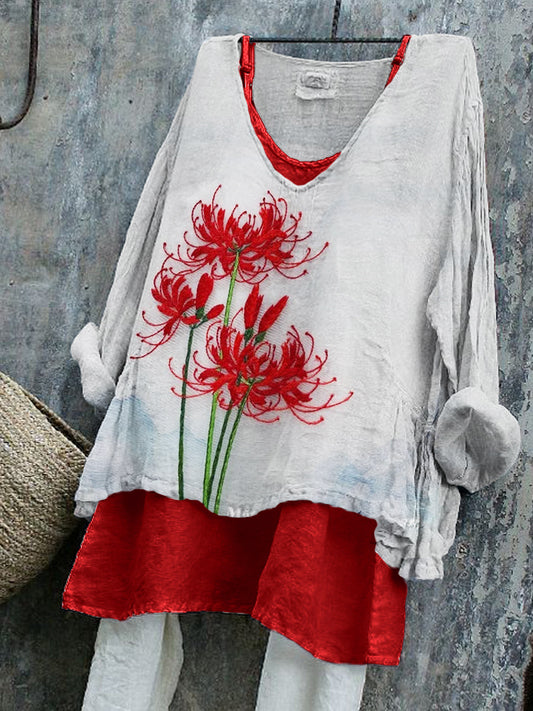 Classy Spider Lily Japanese Embroidered Linen Tunic