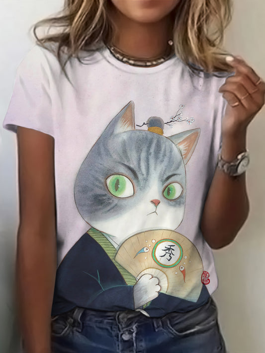 Funny Cat Wearing Kimono And Holding A Folding Fan Printed T-shirt