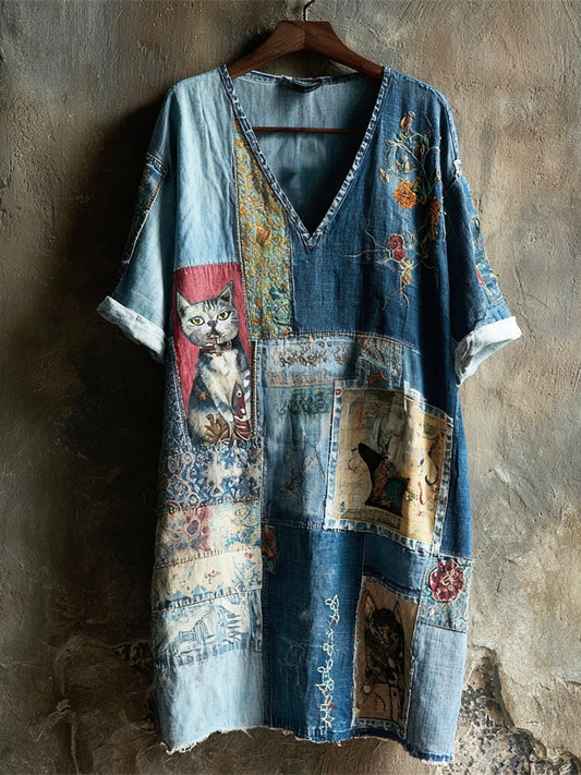 Worn Patchwork Cowboy Cats Women's Short Sleeve V-neck Dress