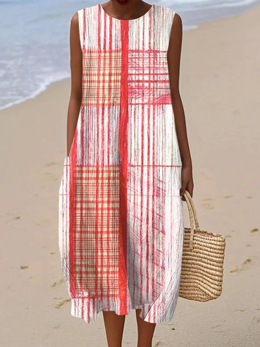 Women's casual cotton-linen printed dress