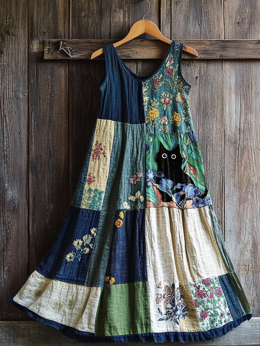 Women's Retro Cute Black Cat Patch Work Sleeveless Dress