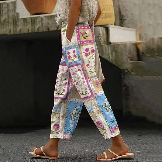 Women's Retro Geometric Floral Art Cotton And Linen Casual Pants
