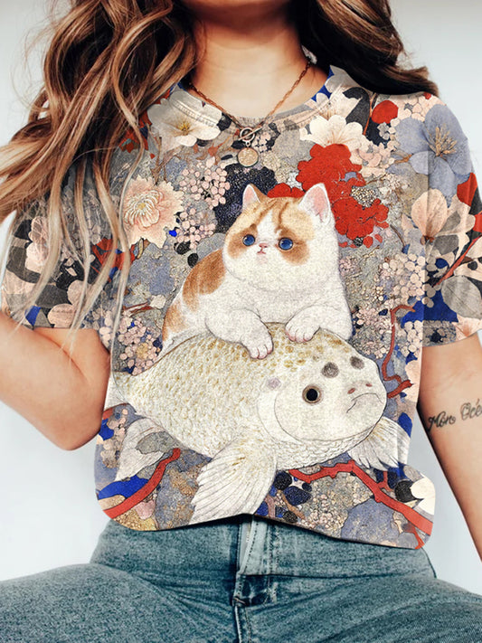 Cat In Kimono Riding A Carp T-shirt