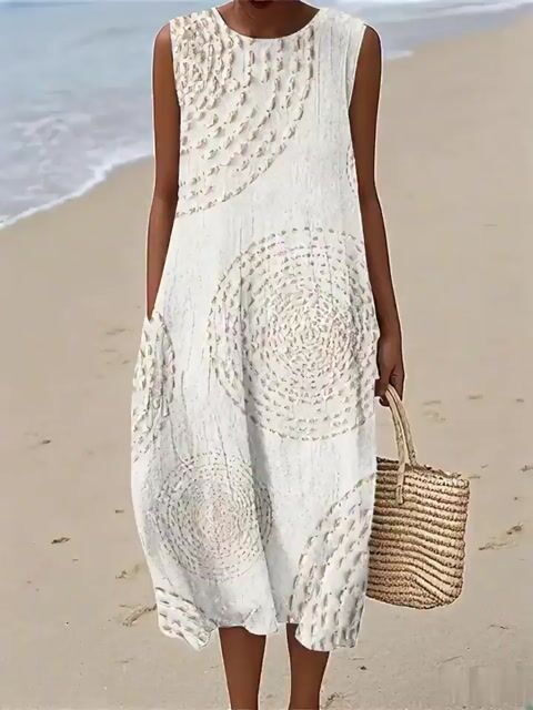 Ladies Casual Printed Round Neck Sleeveless Dress