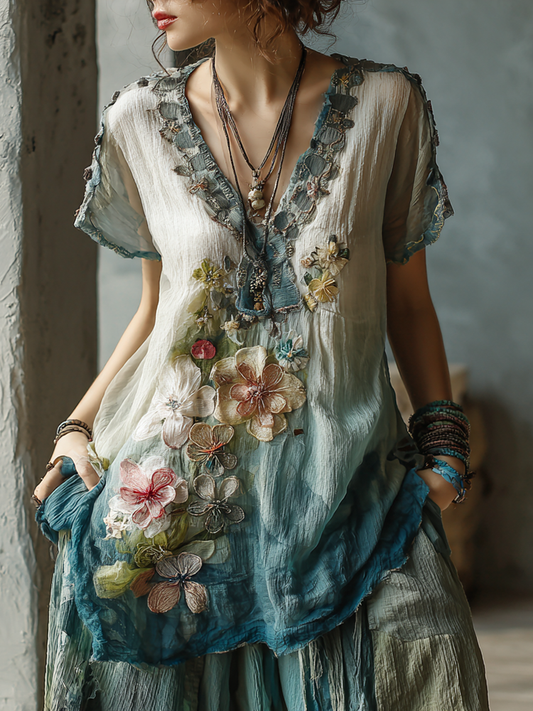 Women's Vintage Colored Cherry Blossom Linen Short Sleeve T-shirt