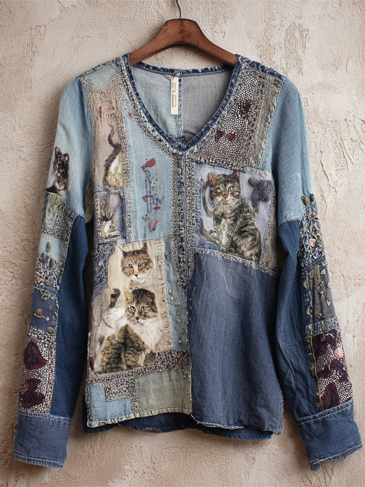 Shabby Patchwork Denim Cat With Sequins Women's V-neck Long Sleeve T-shirt