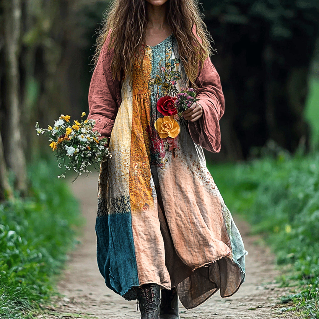 Women's Vintage Bohemian Floral Patch V-neck Cotton And Linen Dress