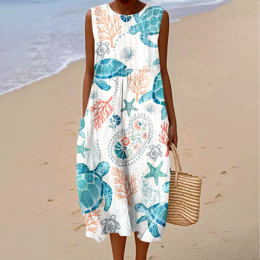 Women's Vintage Marine Life Turtle Art Print Sleeveless Cotton Pocket Wrap Dress