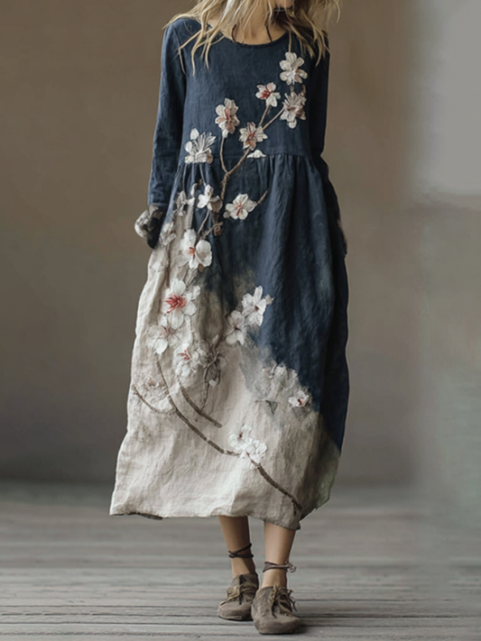 Classy Gradient Japanese Sakura Cherry Blossoms Embroidered Pattern Linen Round Neck Long Dress