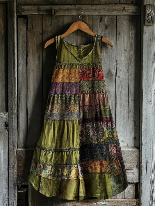 Women's Vintage Bohemian Floral Patch Sleeveless Dress