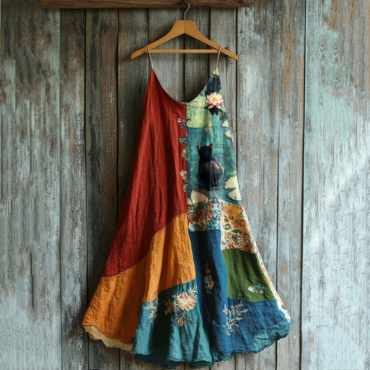 Women's Retro Cute Cat And Floral Color Block Sleeveless Dress