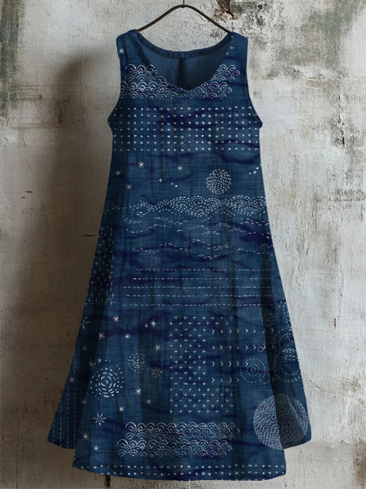 Vintage Japanese Sashiko Art Linen Linen Midi Dress