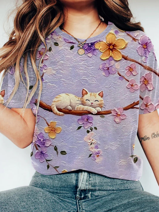 Cute Cat Sleeping On A Cherry Blossom Book T-shirt