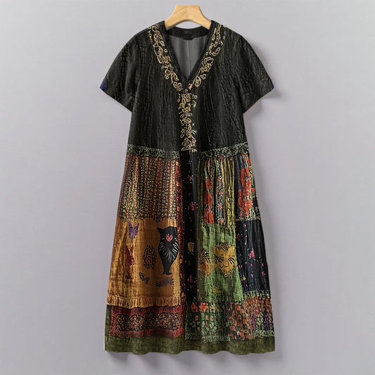 Women's Vintage Floral Cat Patch Art Comfort Dress