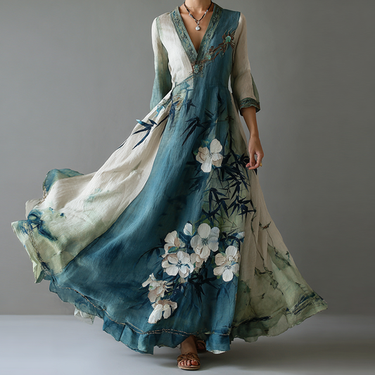 Women's Retro Ink Painting Bamboo And Cherry Blossom Linen Long Sleeve Dress