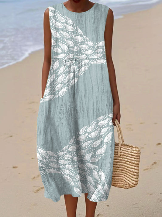Women's Vintage Fish Art Print Sleeveless Cotton Pocket Wrap Dress