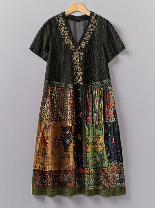 Women's Vintage Floral Cat Patch Art Comfort Dress