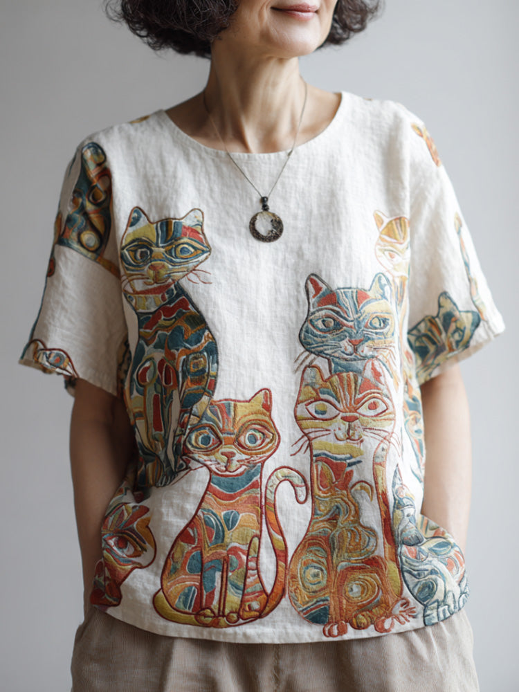 Cat Embroidery Short-sleeved Shirt