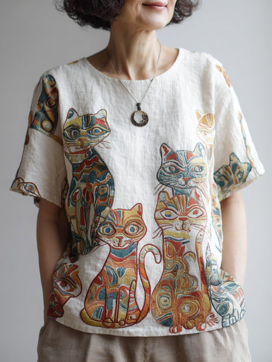 Cat Embroidery Short-sleeved Shirt