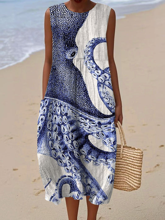 Women's Vintage Octopus Art Print Sleeveless Cotton Pocket Wrap Dress