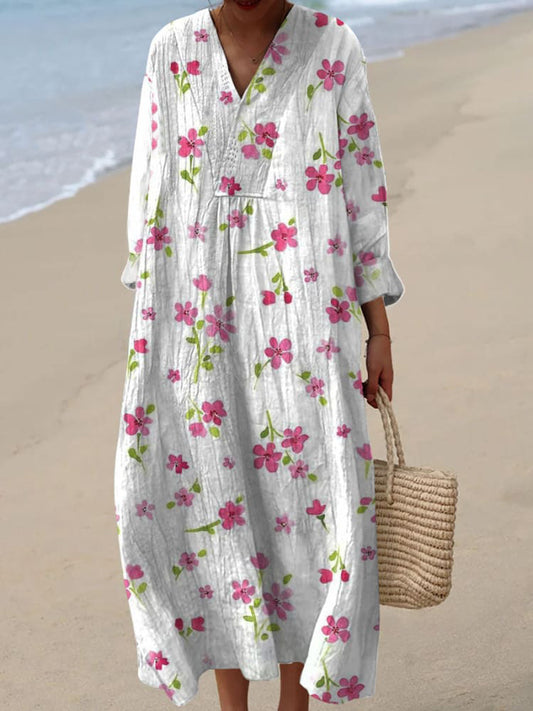 Vintage Floral Art Cotton Linen Comfy Maxi Dress