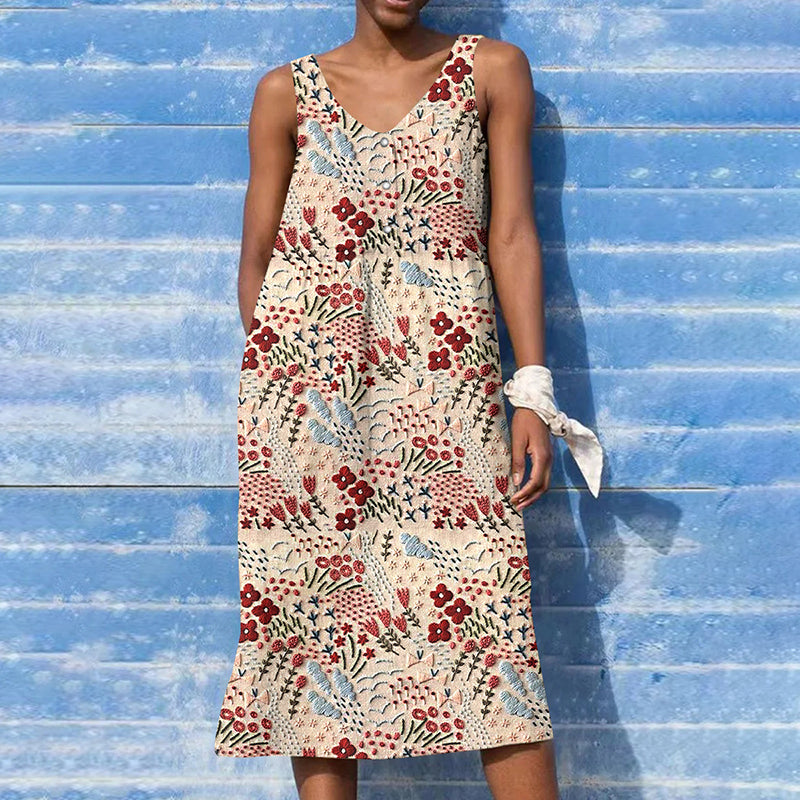 Women's Japanese Flower Embroidery Art V-neck Button Tank Midi Dress