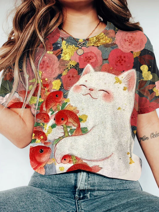 Cute Cat Holding Carp Floral T-shirt