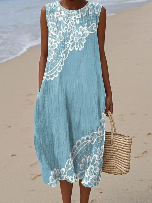 Women'S Casual Lace Patchwork Printed Sleeveless Dress