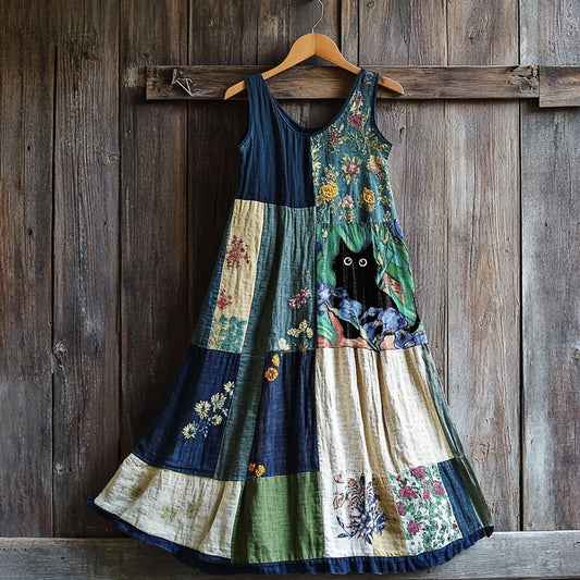 Women's Retro Cute Black Cat Patch Work Sleeveless Dress