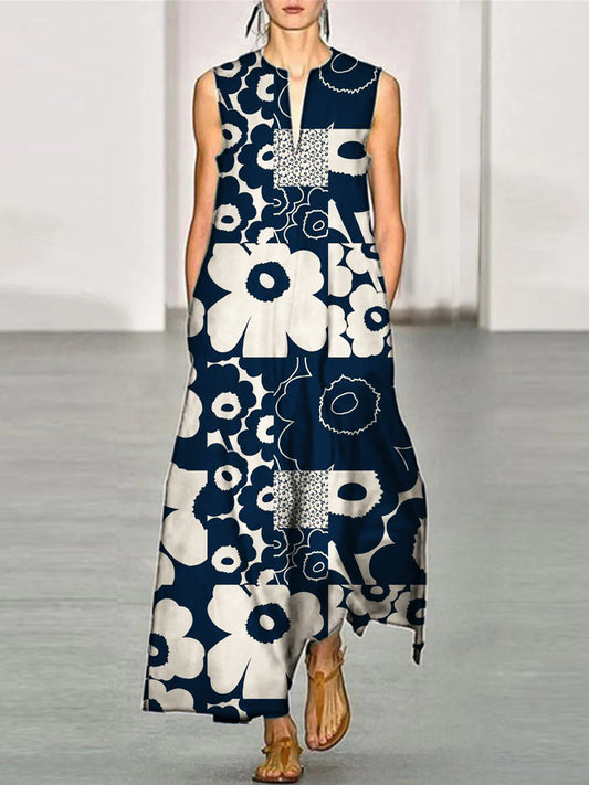 Elegant Color Clash Floral Patchwork Women's V-neck Vest Maxi Dress