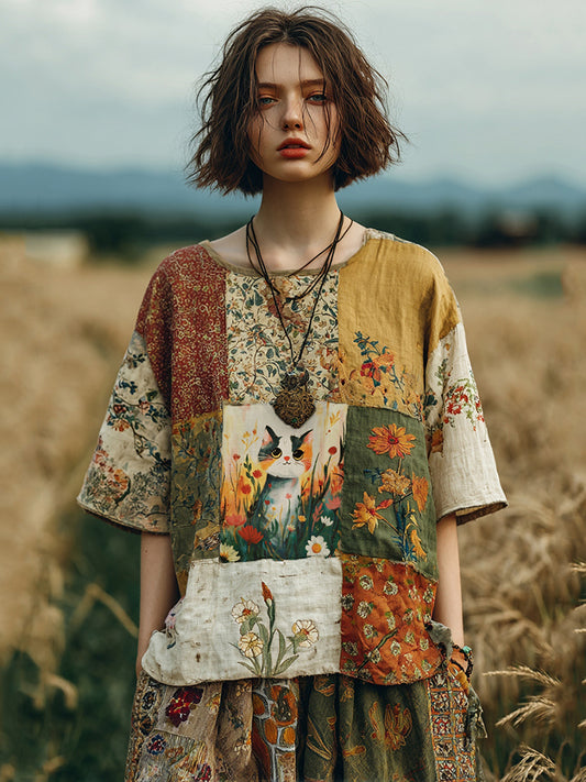 Vintage Cute Cat Floral Patchwork Linen T-shirt