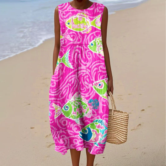Women's Vintage Fish Art Print Sleeveless Cotton Pocket Wrap Dress