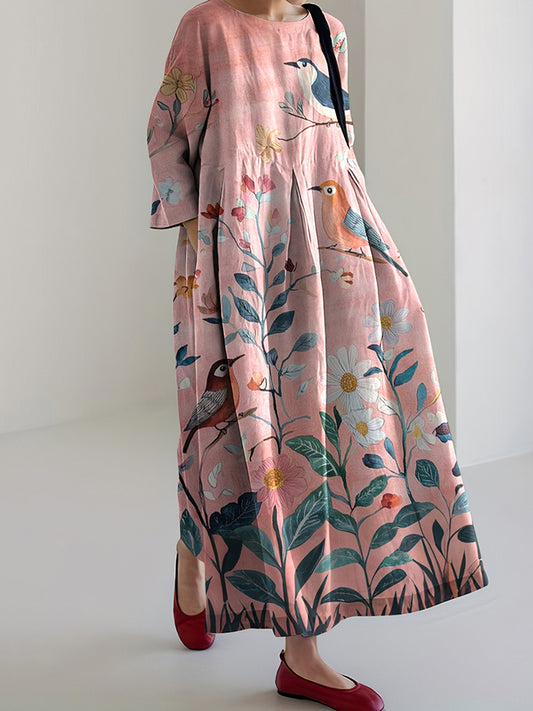 Japanese Flower And Bird Art Print Loose Midi Dress