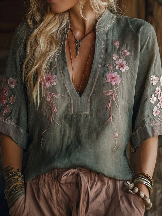 Retro Cherry Blossoms Embroidered Linen Shirt