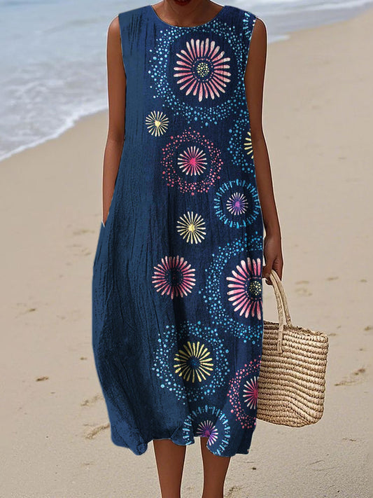 Colorful Summer Fireworks Japanese Art Linen Dress