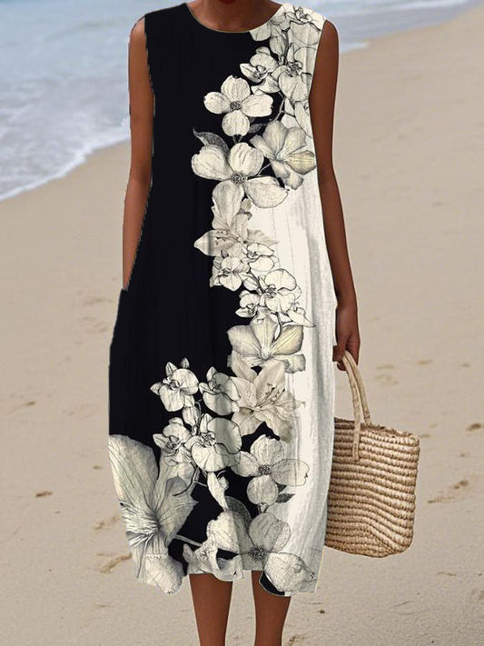 Women's Casual Round Neck Floral Print Sleeveless Dress