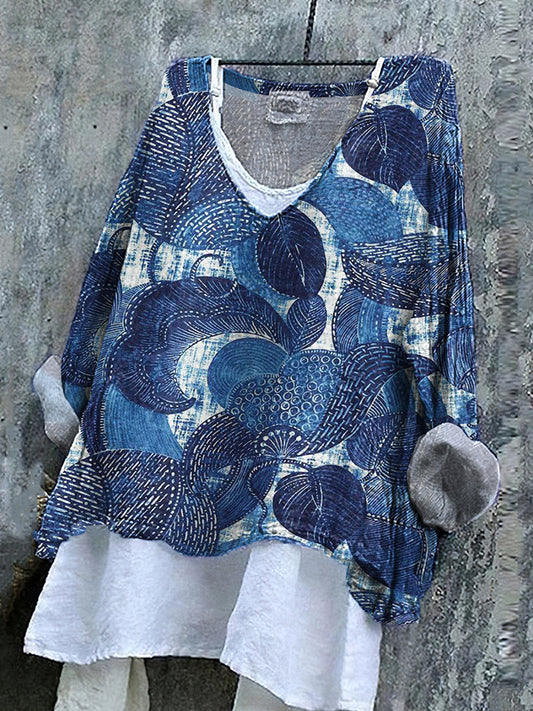 Women's Japanese Flower Art V-neck Linen Blend Shirt